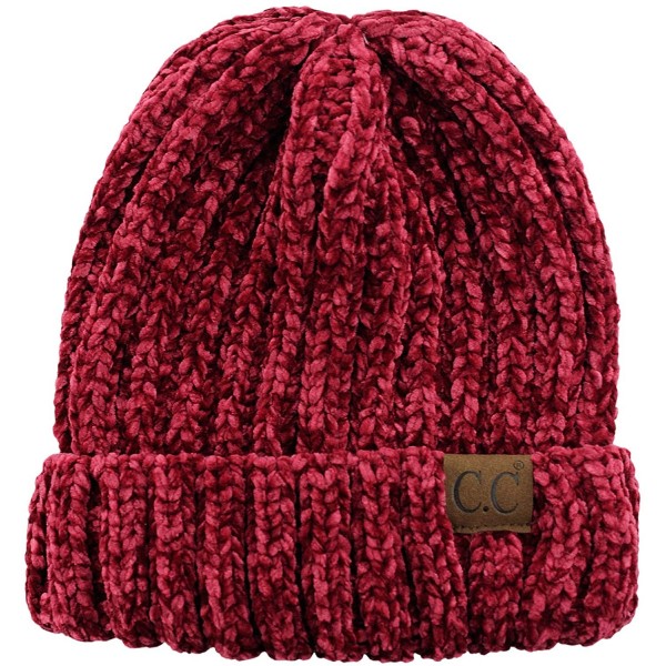Skullies & Beanies Unisex Chenille Soft Warm Stretchy Thick Cuffed Knit Beanie Cap Hat - Burgundy - C118IQGYHQC $12.56