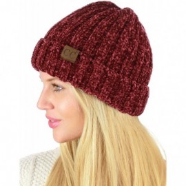 Skullies & Beanies Unisex Chenille Soft Warm Stretchy Thick Cuffed Knit Beanie Cap Hat - Burgundy - C118IQGYHQC $12.56