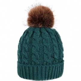 Skullies & Beanies Womens Winter Hand Knit Faux Fur Pompoms Beanie Hat - Single-green - CY12MX0KWAE $32.35