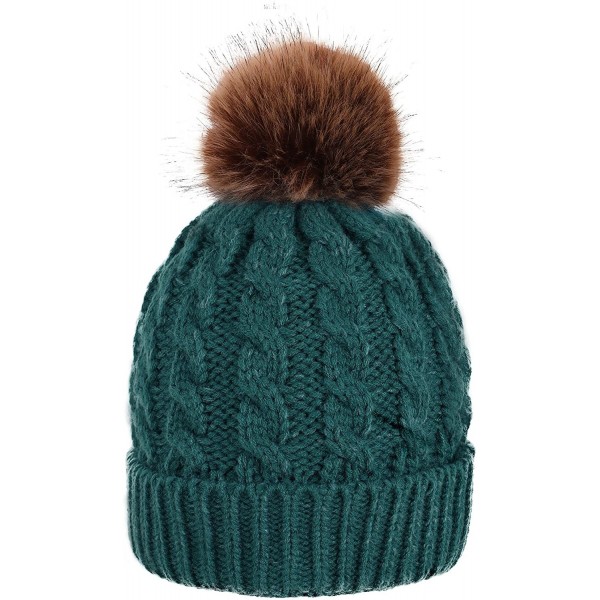 Skullies & Beanies Womens Winter Hand Knit Faux Fur Pompoms Beanie Hat - Single-green - CY12MX0KWAE $11.50