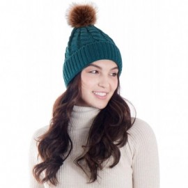 Skullies & Beanies Womens Winter Hand Knit Faux Fur Pompoms Beanie Hat - Single-green - CY12MX0KWAE $11.50