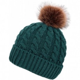 Skullies & Beanies Womens Winter Hand Knit Faux Fur Pompoms Beanie Hat - Single-green - CY12MX0KWAE $11.50