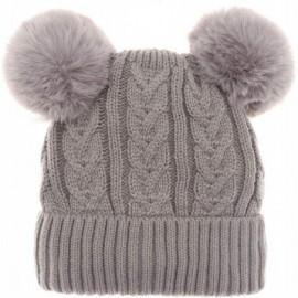 Skullies & Beanies Women's Winter Cable Knitted Faux Fur Double Pom Pom Beanie Hat with Plush Lining. - Grey W/Out Logo - C11...