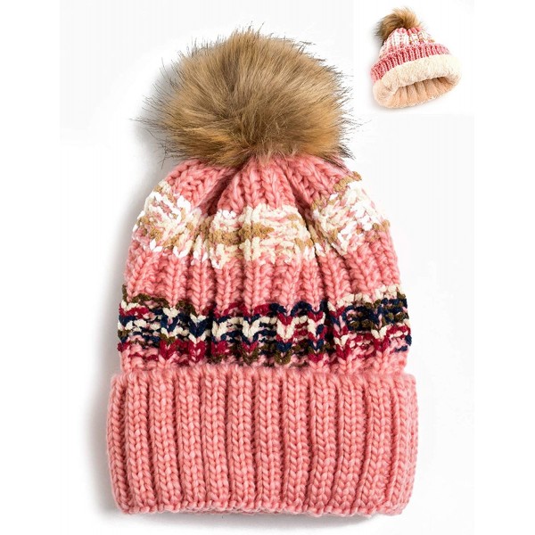 Skullies & Beanies Women Winter Soft Knitted Beanie Hat Fur Pom Beanie Fleece Lined Extra Thick - Pink - CO189H2DXW6 $15.32