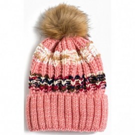 Skullies & Beanies Women Winter Soft Knitted Beanie Hat Fur Pom Beanie Fleece Lined Extra Thick - Pink - CO189H2DXW6 $15.32