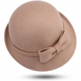 Fedoras Women's 100% Wool Felt Round Top Cloche Hat Fedoras Trilby with Bow Band - Camel 2 - CN12O2XDN6O $38.43