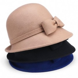 Fedoras Women's 100% Wool Felt Round Top Cloche Hat Fedoras Trilby with Bow Band - Camel 2 - CN12O2XDN6O $38.43