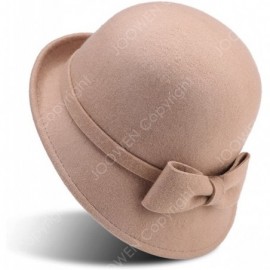 Fedoras Women's 100% Wool Felt Round Top Cloche Hat Fedoras Trilby with Bow Band - Camel 2 - CN12O2XDN6O $38.43