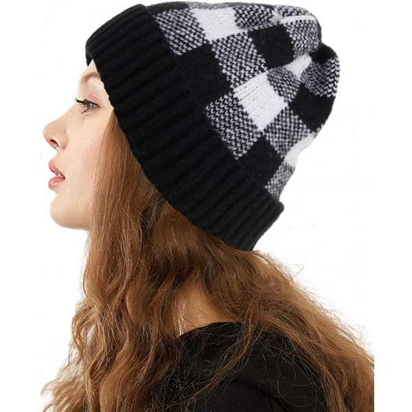 Skullies & Beanies Winter Soft Stretch Buffalo Plaid Cuff Beanie Hat Thick Chunky Warm Knit Skull Ski Cap - Black/White - C31...