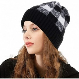 Skullies & Beanies Winter Soft Stretch Buffalo Plaid Cuff Beanie Hat Thick Chunky Warm Knit Skull Ski Cap - Black/White - C31...