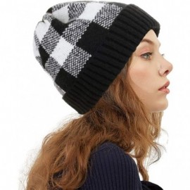 Skullies & Beanies Winter Soft Stretch Buffalo Plaid Cuff Beanie Hat Thick Chunky Warm Knit Skull Ski Cap - Black/White - C31...