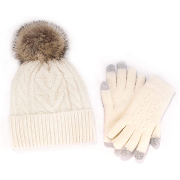 Skullies & Beanies Women's Classic Winter Fleeced Thermal Pom Pom Beanie Hat and Mittens Set - White Set - CC1944DK8N6 $22.77