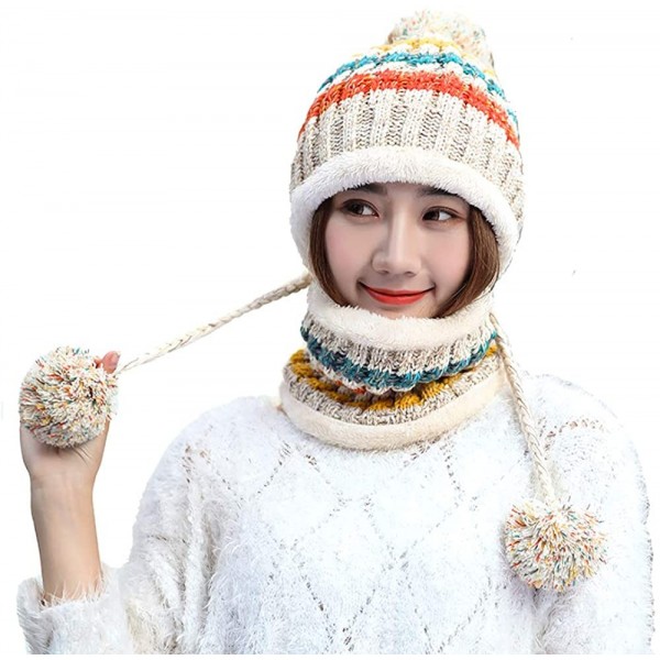 Skullies & Beanies Women Velvet Knitted Beanie Hat with Scarf Winter Ear Flap Pom Pom Cap - Beige - CO18IEU2Q3K $15.63