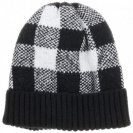 Skullies & Beanies Winter Soft Stretch Buffalo Plaid Cuff Beanie Hat Thick Chunky Warm Knit Skull Ski Cap - Black/White - C31...
