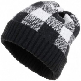 Skullies & Beanies Winter Soft Stretch Buffalo Plaid Cuff Beanie Hat Thick Chunky Warm Knit Skull Ski Cap - Black/White - C31...