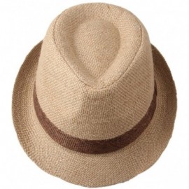 Fedoras Men's Linen Straw Band Fedoras Sun Trilby Hat Caps Camel - CF124EJOL5T $30.09