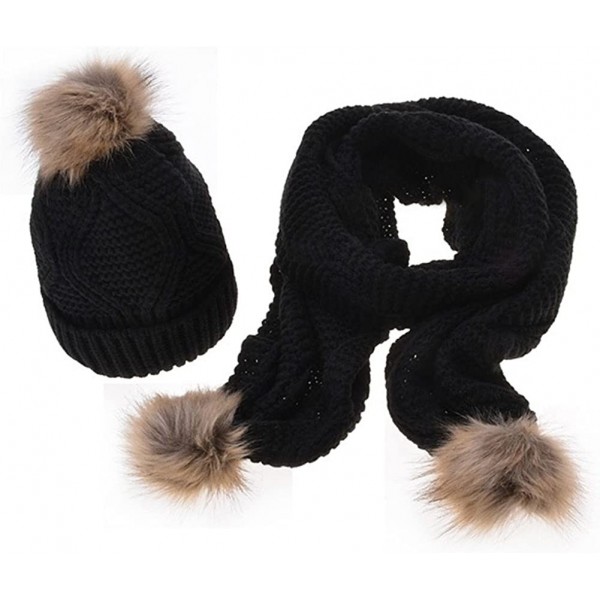 Skullies & Beanies Fashion Women's Warm Crochet Knitted Beanie Hat and Scarf Set with Fur Poms - 4 Black - CO18M3HNON4 $14.28