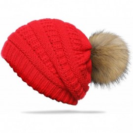 Skullies & Beanies Slouchy Winter Knit Beanie Cap Chunky Faux Fur Pom Pom Hat Bobble Ski Cap - Red 01 - CB18XQ8U6SX $12.40