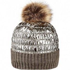 Skullies & Beanies Winter Knit Hats for Women Thick Pom Pom Metallic Shiny Beanies Ski Cap - Olive - CG18ACGTIXN $11.91