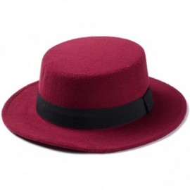 Fedoras Women Boater Hat Bowler Sailor Wide Brim Flat Top Caps Wool Blend - Wine Red - CG184HHZMIK $23.79