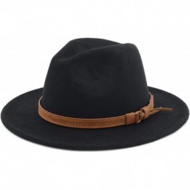 Fedoras Classic Wide Brim Women Men Fedora Hat with Belt Buckle Felt Panama Hat - Black - C718ZCQOCYL $24.77