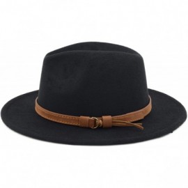 Fedoras Classic Wide Brim Women Men Fedora Hat with Belt Buckle Felt Panama Hat - Black - C718ZCQOCYL $16.18