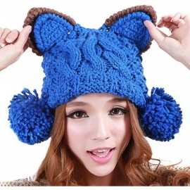 Skullies & Beanies Cat Ear Pom Pom Cabled Knit Beanie Crochet Rib Hat Brim Cap FFH083GRY - Blue - CQ11IFCMLRH $9.83