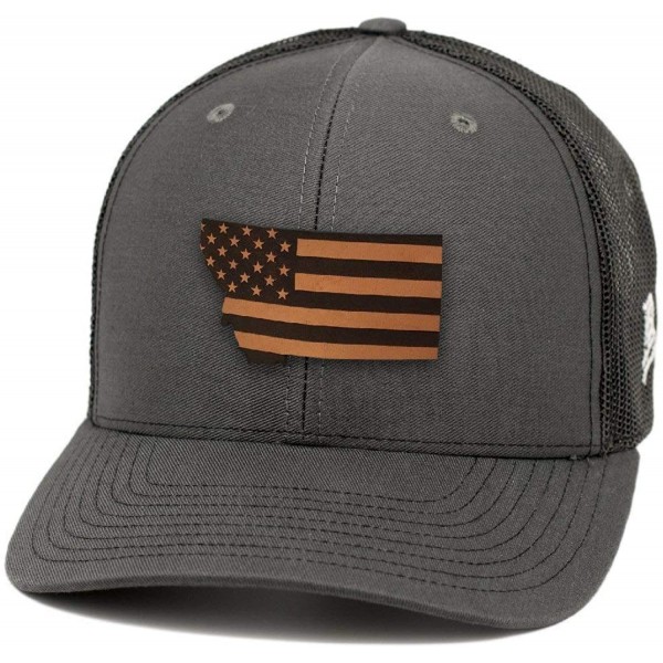 Baseball Caps 'Montana Patriot' Leather Patch Hat Curved Trucker - Charcoal/Black - CA18IOLH8LZ $28.58