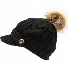 Skullies & Beanies Women's Chunky Winter Soft Cable Knitted Double Layer Visor Beanie Hat with Faux Fur Pom Pom - Black - CB1...