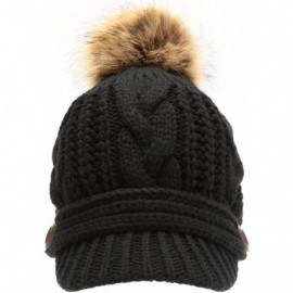 Skullies & Beanies Women's Chunky Winter Soft Cable Knitted Double Layer Visor Beanie Hat with Faux Fur Pom Pom - Black - CB1...