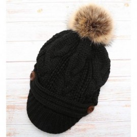 Skullies & Beanies Women's Chunky Winter Soft Cable Knitted Double Layer Visor Beanie Hat with Faux Fur Pom Pom - Black - CB1...