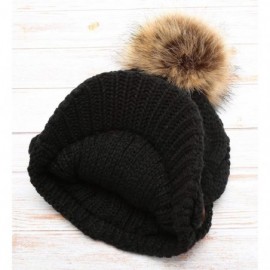 Skullies & Beanies Women's Chunky Winter Soft Cable Knitted Double Layer Visor Beanie Hat with Faux Fur Pom Pom - Black - CB1...