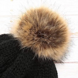 Skullies & Beanies Women's Chunky Winter Soft Cable Knitted Double Layer Visor Beanie Hat with Faux Fur Pom Pom - Black - CB1...