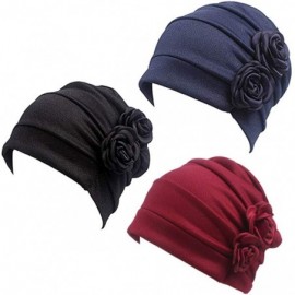 Skullies & Beanies Chemo Turban Headwear Flower Beanie Scarf Cap Head Wrap Hair Loss Hat for Cancer Patient - Black+navy+wine...