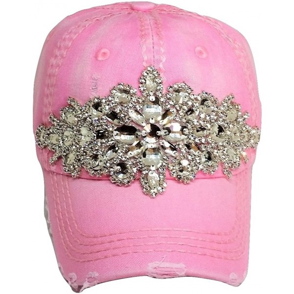 Baseball Caps Women's Horizontal Bling Distressed Baseball Cap - Rose - CM18326OO7S $40.71