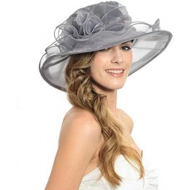 Sun Hats Women's Fascinator Flowers Wide Brim Gauze Hat Headdress Kentucky Derby Church Dress Sun Hat - Gray - CD12C5BHU79 $8.51