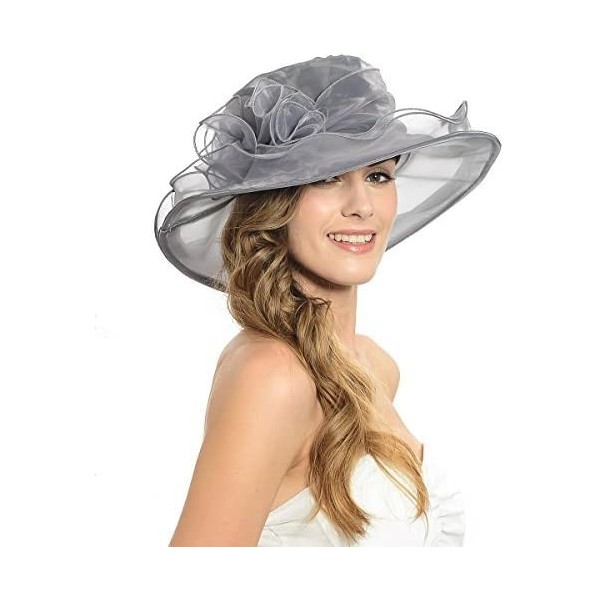 Sun Hats Women's Fascinator Flowers Wide Brim Gauze Hat Headdress Kentucky Derby Church Dress Sun Hat - Gray - CD12C5BHU79 $8.51