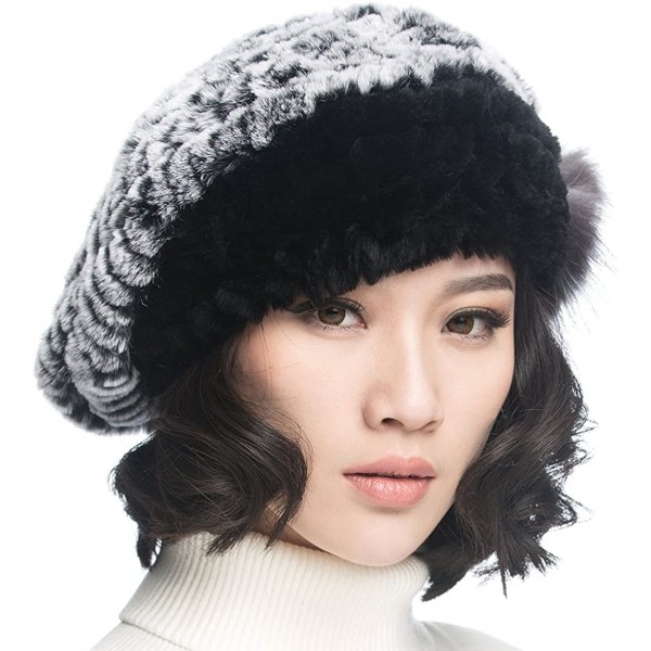 Berets Winter Women's Rex Rabbit Fur Beret Hats with Fur Flower - Gray & Black - CJ11FG7MUQL $23.38