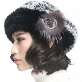 Berets Winter Women's Rex Rabbit Fur Beret Hats with Fur Flower - Gray & Black - CJ11FG7MUQL $23.38