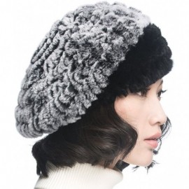 Berets Winter Women's Rex Rabbit Fur Beret Hats with Fur Flower - Gray & Black - CJ11FG7MUQL $23.38