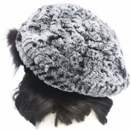 Berets Winter Women's Rex Rabbit Fur Beret Hats with Fur Flower - Gray & Black - CJ11FG7MUQL $23.38