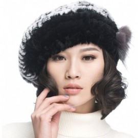 Berets Winter Women's Rex Rabbit Fur Beret Hats with Fur Flower - Gray & Black - CJ11FG7MUQL $23.38