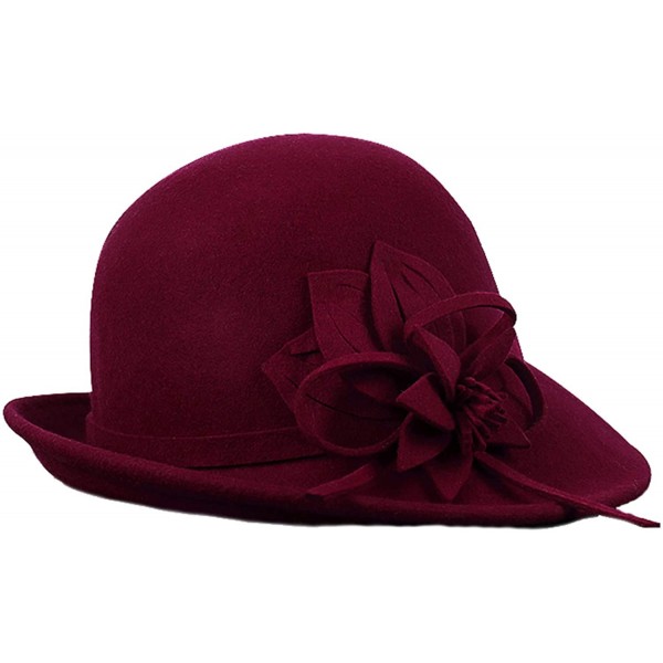 Fedoras Women's Floral Trimmed Wool Blend Cloche Winter Hat - Model B - Wine Red - CT188TM58CO $34.43