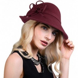 Fedoras Women's Floral Trimmed Wool Blend Cloche Winter Hat - Model B - Wine Red - CT188TM58CO $34.43