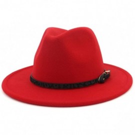 Fedoras Womens Wide Brim Felt Fedora Hat Ladies Panama Hat with Belt Buckle - Red - CO18IWCMZEE $32.45