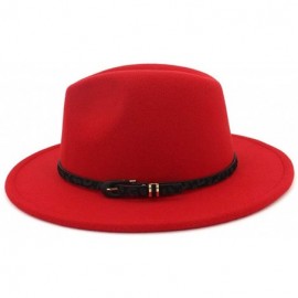 Fedoras Womens Wide Brim Felt Fedora Hat Ladies Panama Hat with Belt Buckle - Red - CO18IWCMZEE $13.70