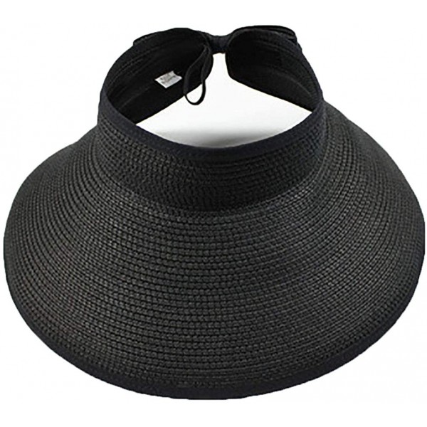 Sun Hats Women's Summer Foldable Straw Sun Visor w/Cute Bowtie Comfortable Beach Cap - Black - CX18RS5X3GX $14.23