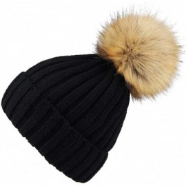 Skullies & Beanies Winter Knitted Beanie Hat Soft Warm Wool Hat with Removable Faux Fur Pom Pom - Black - CK18IHC7N0K $10.38