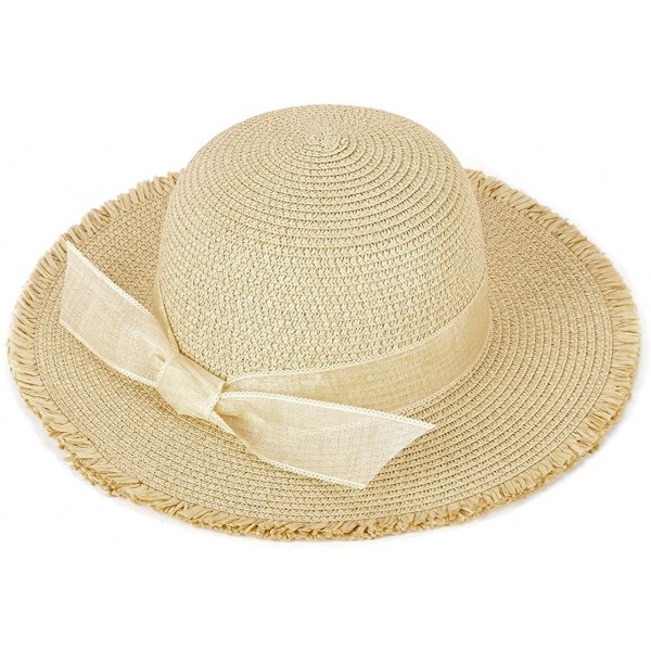Women Foldable Straw Hat Bowknot Edge Wide Brim Beach Sun Hat - Beige ...