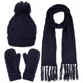 Skullies & Beanies Adult Women's 3 Piece Winter Set - Pompom Beanie Hat- Scarf- Mittens - Black Tassels Glove W/ Lined - CI18...